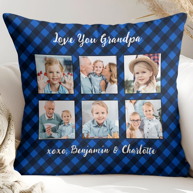 Granda Gift Personalised Photo Collage Blue Plaid  Cushion (Creator Uploaded)