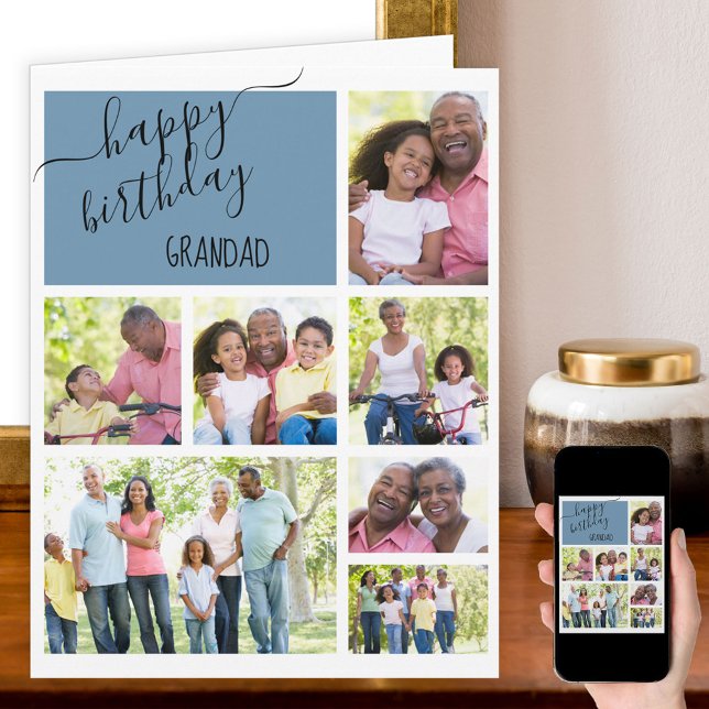 Grandad 7 Photo Collage Blue Personalized Birthday Card (Creator Uploaded)