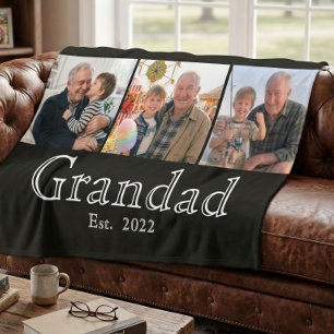 Grandad Est. Minimal White Bold Text 3 Photo Fleece Blanket
