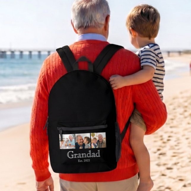 Grandad Est. White Bold Minimal Text 3 Photos Printed Backpack (Creator Uploaded)