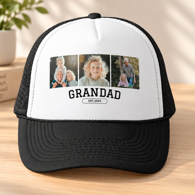  Grandad Established 3 Photo Collage Script Gift  Trucker Hat ( grandfather from grandkids grandparents photo collage family modern typography keepsake black white)