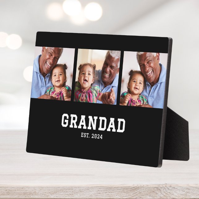 Grandad Established Elegant Bold Black 3 Photo Plaque (Creator Uploaded)