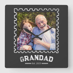 Grandad Established Moden White Typography Photo Square Wall Clock
