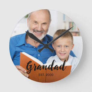 Grandad Established Modern Script Photo Round Clock
