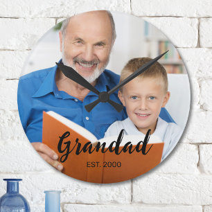 Grandad Established Modern Script Photo Round Clock