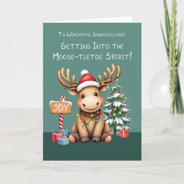 Grandchildren Adorable Funny Moose Christmas Card (Front)