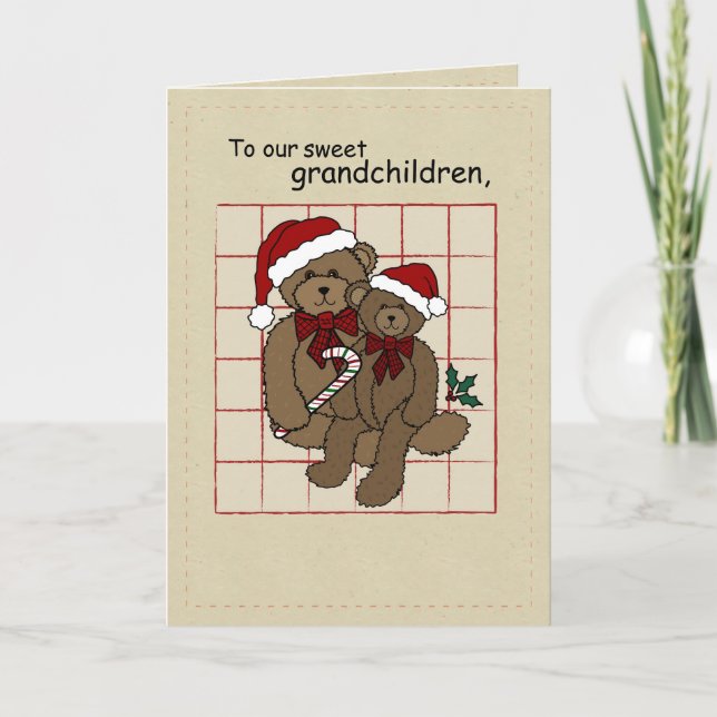 Grandchildren Christmas Country Teddy Bears Holiday Card (Front)