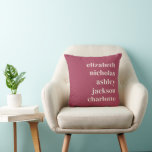 Grandchildren Names Dark Rose Modern Trendy Gift Cushion<br><div class="desc">Brighten up any space with this stunning Dark Rose Throw Pillow, featuring modern, bold typography that proudly displays the names of cherished grandchildren. Set against a soft pink background, this trendy design blends contemporary style with heartfelt sentiment, making it a perfect gift for grandparents. Whether displayed on a couch, bed,...</div>