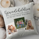 Grandchildren Poem 3 Photo Collage Silver Grey Cushion<br><div class="desc">Custom photo pillow for grandparents or grandchildren. The poem reads "grandchildren fill a place in your heart you did not know was empty" and is lettered with elegant calligraphy and whimsical uppercase typography. The photo template is set up for you to add 3 of your favourite pictures, which are displayed...</div>
