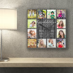 Grandchildren Quote 12 Photo Grey Wood<br><div class="desc">Photo clock for grandparents with 12 of your favourite pictures. Create your own grid style photo collage and add the grandchildren's names (2 to 8 names looks best). The wording reads "Grandchildren fill a place in your heart you did not know was empty" in hand lettered quirky uppercase and elegant...</div>