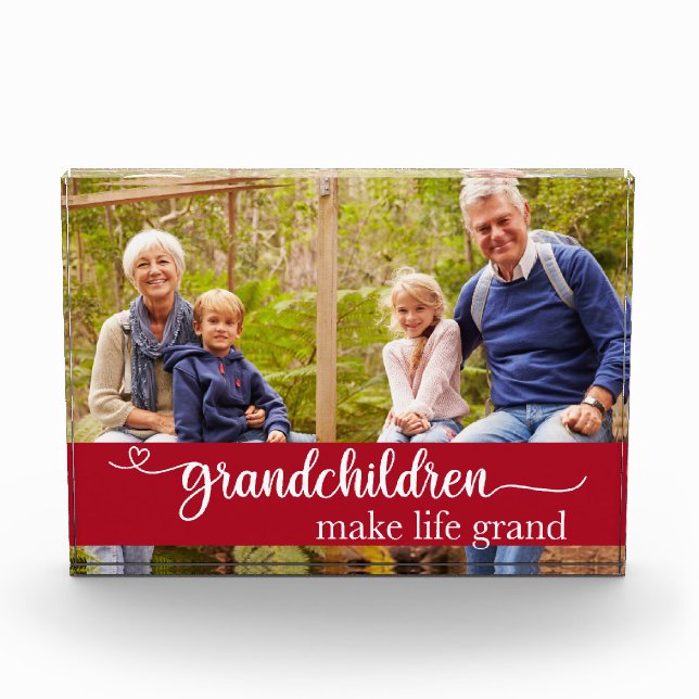 Grandchildren Typography Red Keepsake Photo Block (Front)