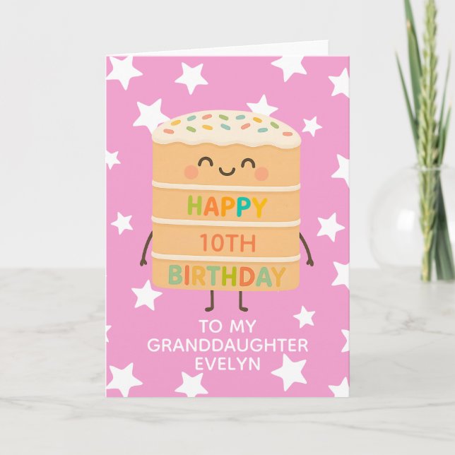 Granddaughter 10th Birthday Pink Cute Cake Custom Card (Front)