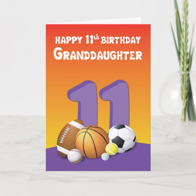 Granddaughter 11th Birthday Sports Balls Card (Front)
