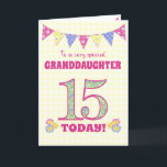 Granddaughter 15th Birthday Primroses Bunting Card<br><div class="desc">A pretty 15th Birthday card for your granddaughter, with polka dot bunting, primrose flowers and numbers filled with a primrose pattern, all on a pale yellow check gingham background. The front cover message is, 'To a very special GRANDDAUGHTER 15 TODAY!' The inside message is just a suggestion and you can...</div>