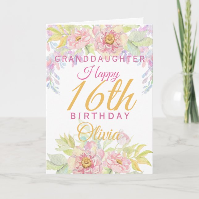 Granddaughter 16th Birthday Pink Rose Floral Card (Front)