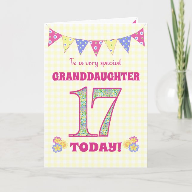 Granddaughter 17th Birthday Primroses Bunting Card (Front)