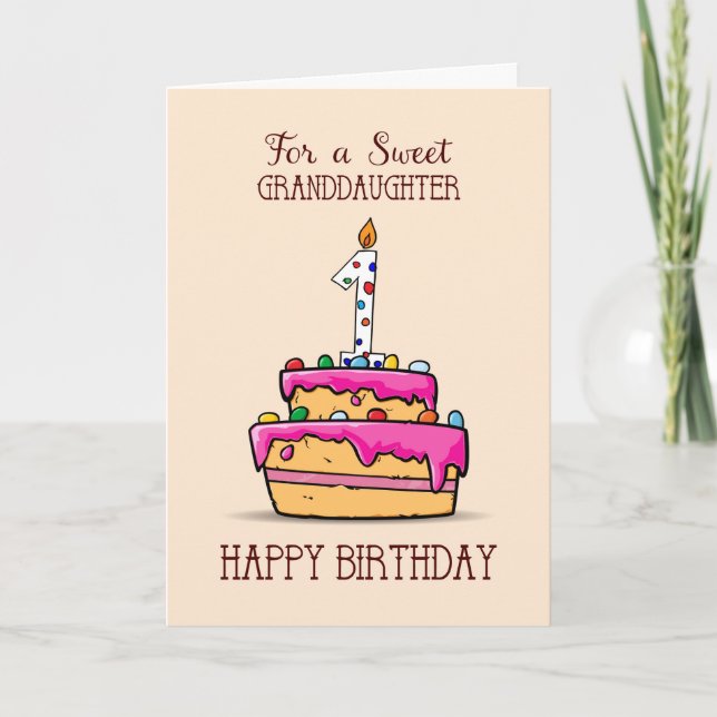 Granddaughter 1st Birthday, 1 on Sweet Pink Cake Card (Front)