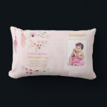 Granddaughter 1st Birthday PHOTO and POEM Gift Lumbar Cushion<br><div class="desc">Pretty watercolor flowers and feathers adorn this pretty pink and white striped decorative keepsake gift for girls. There is a photo template field to add a photo and four template text fields all of which can be edited to suit any occasion, including 1st Birthday, Baptism, Christening, New Baby, Holy Communion,...</div>