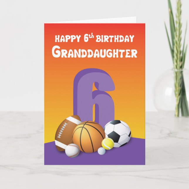 Granddaughter 6th Birthday Sports Balls Card (Front)
