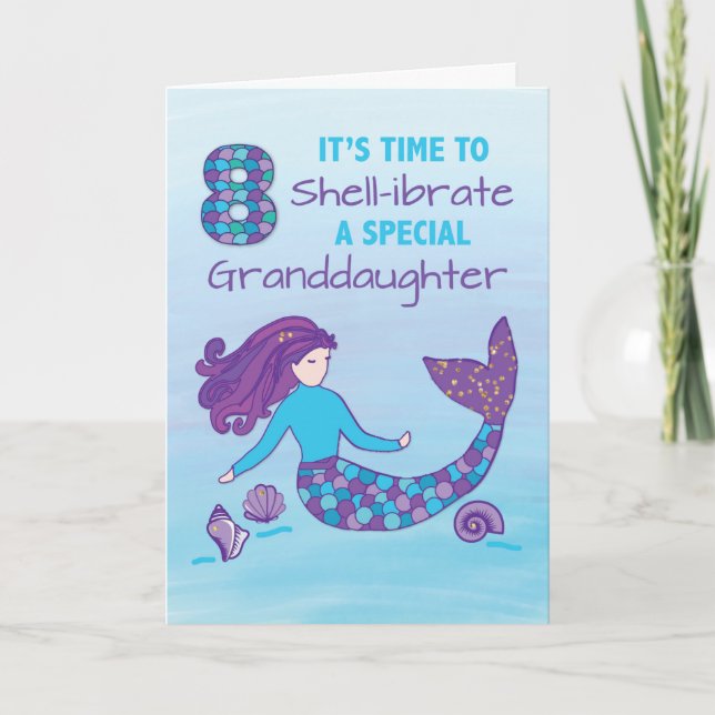 Granddaughter 8th Birthday Sparkly Look Mermaid Card (Front)
