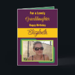 Granddaughter add name photo plum yellow birthday card<br><div class="desc">For a lovely granddaughter birthday card.
Personalise this Greetings Card with a photo and a name.
Designed in plum,  yellow and green.</div>
