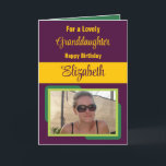 Granddaughter add name photo plum yellow birthday card<br><div class="desc">For a lovely granddaughter birthday card.
Personalise this Greetings Card with a photo and a name.
Designed in plum,  yellow and green.</div>