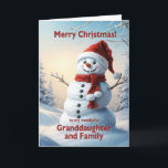 Granddaughter and Family Christmas Snowman  Holiday Card<br><div class="desc">A festive winter scene showing a cheerful snowman in a red hat and scarf. Wish your granddaughter and her family a merry Christmas with a lovely snowman card.</div>