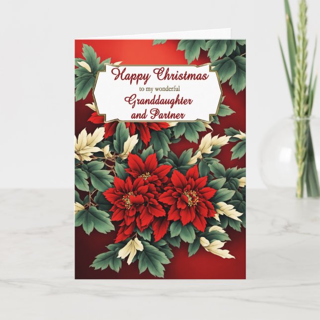Granddaughter and Partner Christmas Poinsettias Holiday Card (Front)