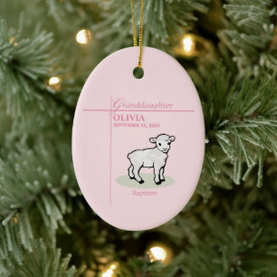 Granddaughter Baptism Pink Girl Lamb Name and Date Ceramic Tree Decoration
