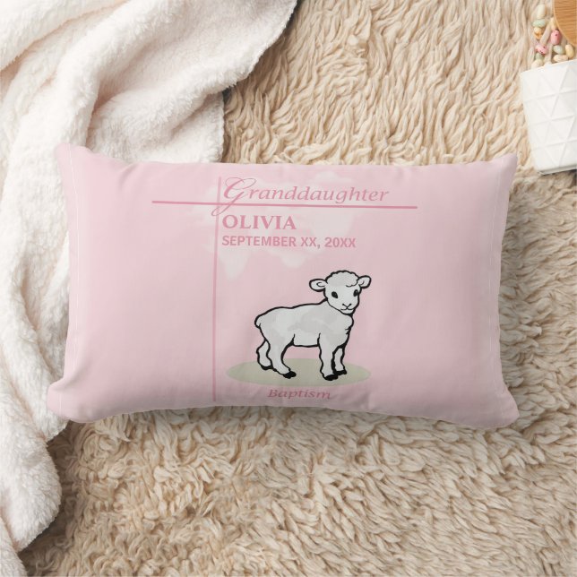 Granddaughter Baptism Pink Girl Lamb Name and Date Lumbar Cushion (Blanket)