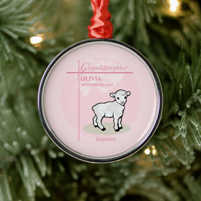 Granddaughter Baptism Pink Girl Lamb Name and Date Metal Tree Decoration (Tree)