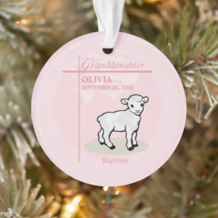 Granddaughter Baptism Pink Girl Lamb Name and Date Ornament