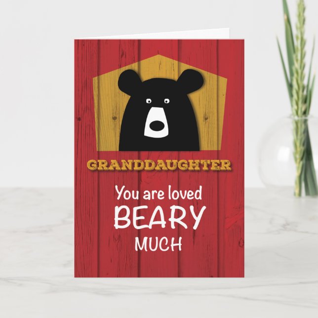 Granddaughter Bear Valentine Wishes on Red Wood Gr Holiday Card (Front)