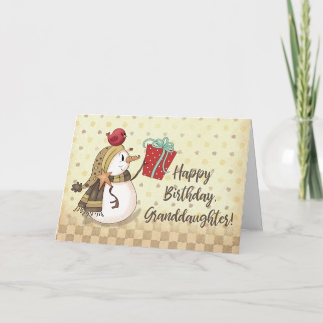Granddaughter Birthday Bird on Snowman Present Card (Front)