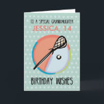 Granddaughter Birthday, Lacrosse Sport, Personaliz Card<br><div class="desc">For the sports lover,  this lacrosse card for your granddaughter's 14th birthday will delight her as you wish 
her a winning day! Personalise with her name and age. The background has soft stars behind the ball and lacrosse stick.</div>
