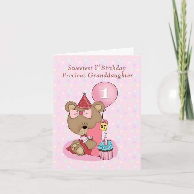 Granddaughter Birthday with Girl Bear and Cupcake  Card (Front)