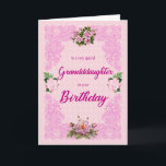 Granddaughter Birthday with Pink Roses Card<br><div class="desc">A pretty birthday card for a granddaughter. An elegant tracery in pink sets of the four pink roses. The background is a pale pink pattern of flowers. A lovely card to send to a granddaughter on her birthday.</div>