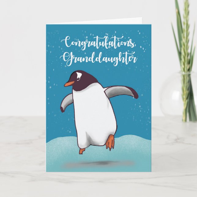 Granddaughter Congratulations Penguin Jumping Joy  Card (Front)