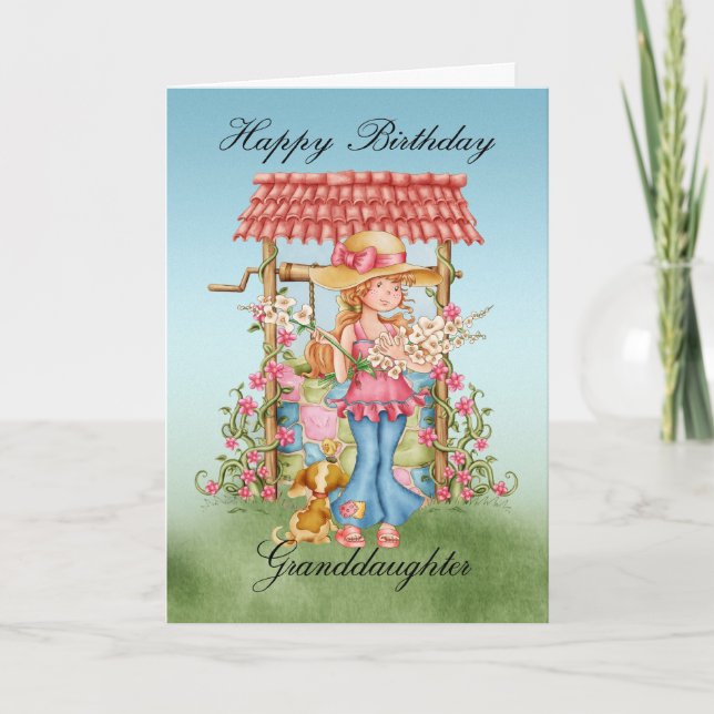 Granddaughter Cute Girl And Wishing Well Birthday Card (Front)