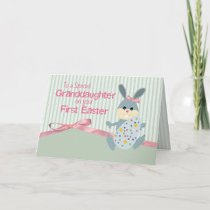 Granddaughter First Easter, Bunny Ribbon on Stripe Holiday Card