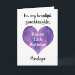 Granddaughter Happy 12th Birthday Card<br><div class="desc">A happy 12th birthday granddaughter card that features a purple heart on the front of the card. You can easily personalise underneath the heart with her name. Inside this 12th birthday card reads a sweet sentiment for your granddaughter.</div>