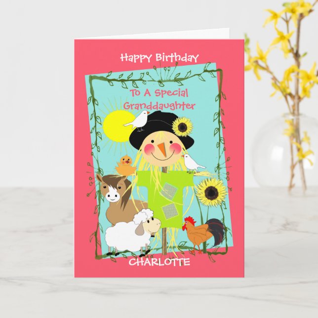 Granddaughter Happy Birthday Cute Farm Animals Card (Yellow Flower)