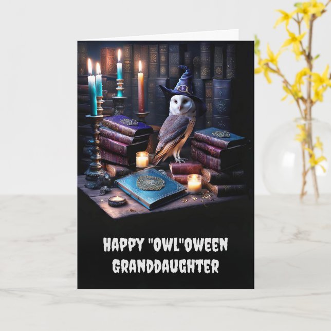 Granddaughter Happy Halloween Cute Magical Owl Card (Yellow Flower)