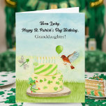 Granddaughter Happy St Patricks Day Birthday Card<br><div class="desc">This charming hand-painted watercolor St. Patrick’s Day birthday card features a vanilla birthday cake decorated with green and white shamrocks and carnations, glowing birthday candles, and playful details throughout. A European robin flies overhead carrying a small green balloon a beloved Irish symbol of renewal, hope, and good fortune while a...</div>