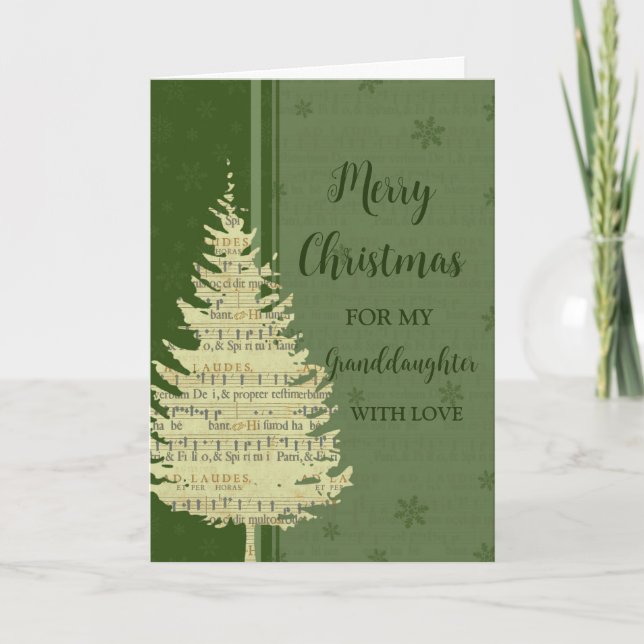 Granddaughter Merry Christmas Green Christmas Tree Holiday Card (Front)