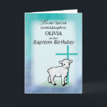 Granddaughter Personalise Name Baptism Birthday La Card<br><div class="desc">Customise this card with your granddaughter's name as you send her special blessings on her Baptism Birthday! A sweet lamb is standing in front of a teal coloured cross. Purple and lavender background fades into the teal and green in a watercolor look.</div>