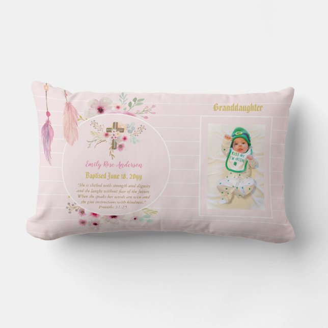 Granddaughter PHOTO Baptism Christening Pink Lumbar Cushion (Front)