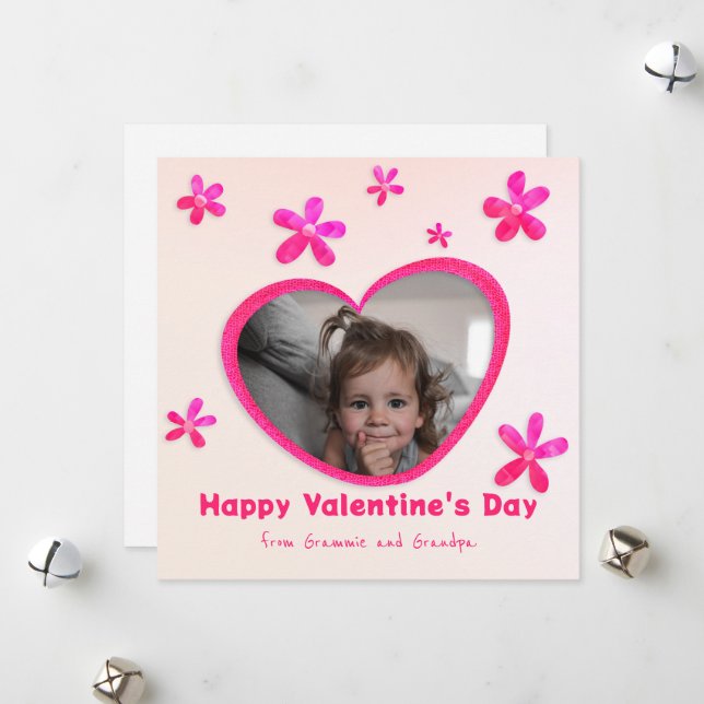 Granddaughter Pink Flowers Valentine's Day Photo Holiday Card (Front/Back In Situ)