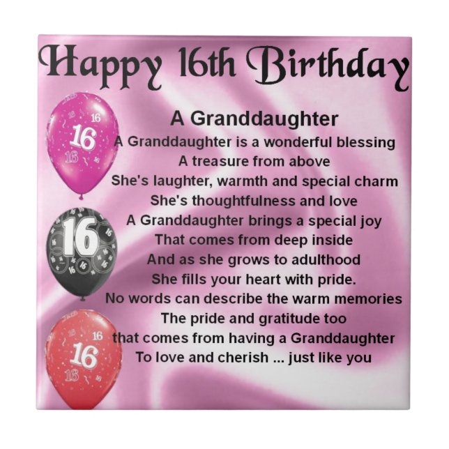 Granddaughter Poem 16th Birthday Tile (Front)
