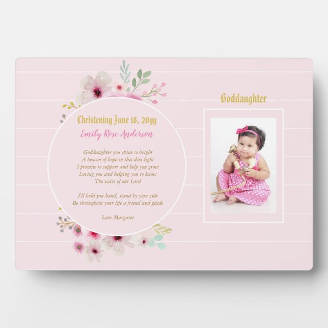 Granddaughter POEM Christening PHOTO Pink Flowers Plaque (Front)